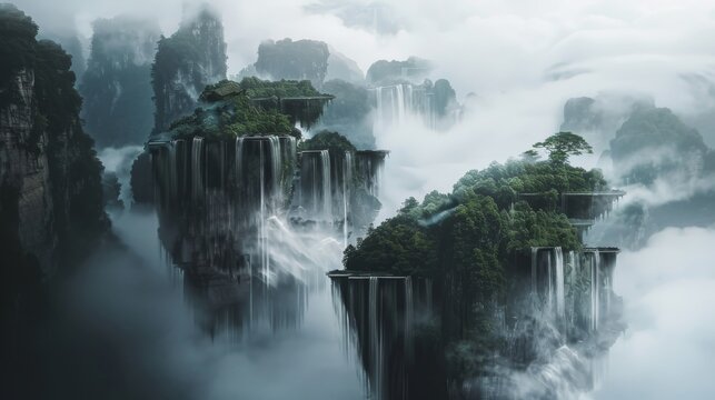 Ethereal mountain landscape with floating islands and waterfalls.