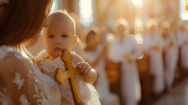 a woman baptizes a baby in the church
