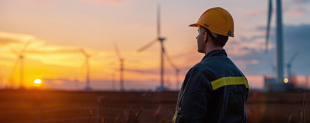electrical engineer stands against the background of wind turbines in the morning at sunrise - obrazy, fototapety, plakaty