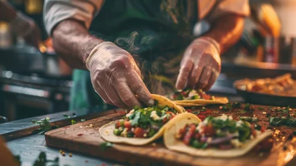 Fotobehang A male chef preparing fresh vegetarian tacos in a kitchen. © SashaMagic