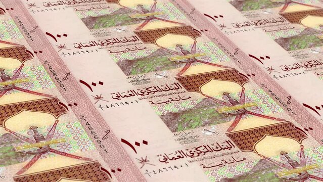 Oman Omani Rial 100 Banknotes Money Printing House, Printing One Hundred Omani Baisa, Printing Press Machine Print out Omani Rial, Being printed by currency press machine 100 Omani Rial banknote