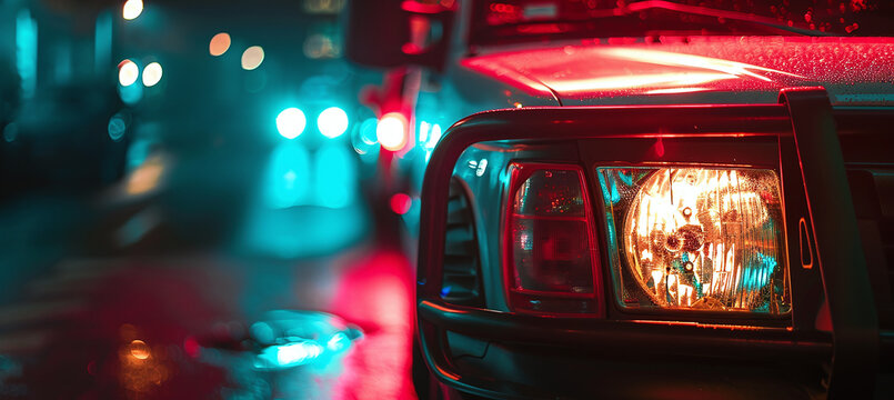 An ambulance driving with red lights through the city.