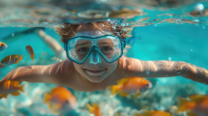 Fototapeta premium Little boy dives deep under water with blue mask, looks at underwater world. Beautiful young kid diver swim at ocean. Extreme sport activity concept. Sea depth snorkeling. Fun adventure outdoor.