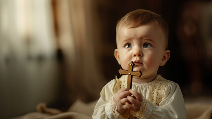 child baby baptism boy with a cross in his hands