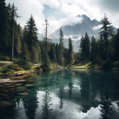 A serene mountain lake surrounded by pine trees. 