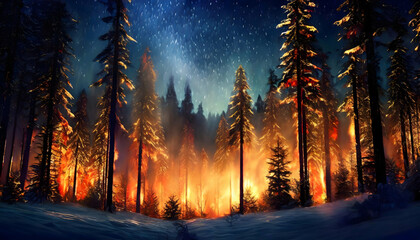 Joyful Scenic view of firer in forest with tall coniferous trees on misty day. - obrazy, fototapety, plakaty