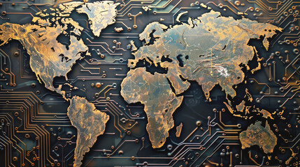 Gold Circuit Board World Map, High-Tech Global Connections for Digital Networking and Technology Design Background