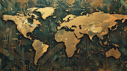 Cyber World Map in Bronze, Electronic Circuit Design for Technology and Global Communication Concepts

