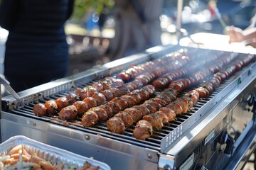 Outdoor barbecue with assorted grilled sausages on a grill.