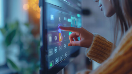 Side view of a woman interacting with a futuristic touchscreen interface with glowing icons. - obrazy, fototapety, plakaty