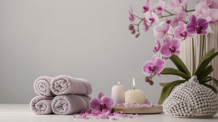 Beautiful spa setting with towels candle orchid