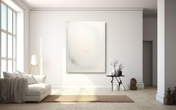 Minimalistic style art space mockup. Huge white framed blank art canvas on large wall in minimal room. Soft day light. AI Generative.