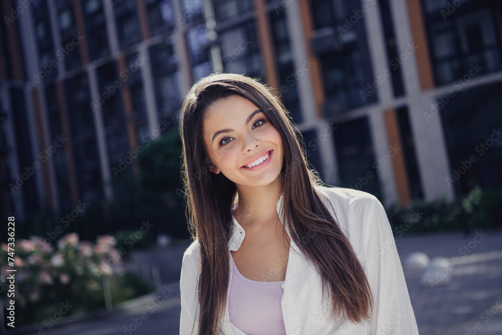 Poster Photo of lovely cheerful person toothy smile nice warm spring weather free time walk city center outdoors