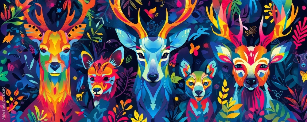 Poster nature inspires animal patterns with colorful abstract expressions against a seamless background