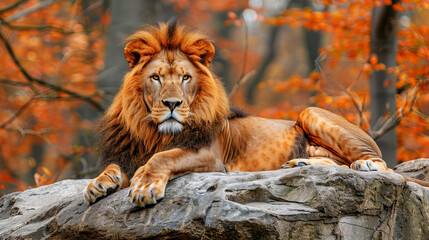 Naklejka premium Lion Lounging on Autumn Day. Lion lounging on a rock with fall colors.