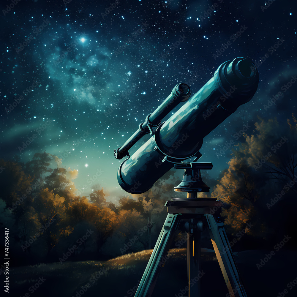 Poster a telescope aimed at a starry night sky.