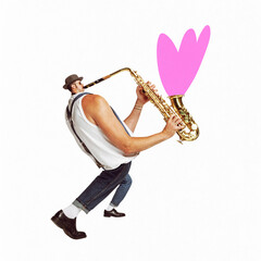 Poster. contemporary art collage. Young jazzman playing on sax and pink splash turns out of musical instrument. Trendy urban magazine style Concept of music and dance, self-expression, inspiration.