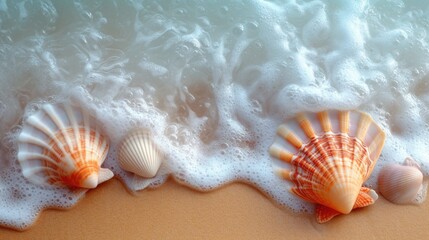 Fototapeta na wymiar Seashells on the Shoreline with Frothy Ocean Wave