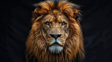 Lion's Stark Stare in Black.
Close-up of a lion's face with black background.