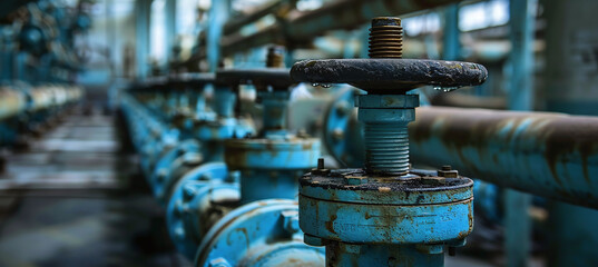 A row of blue valves at the factory. Suitable for industrial and manufacturing concepts