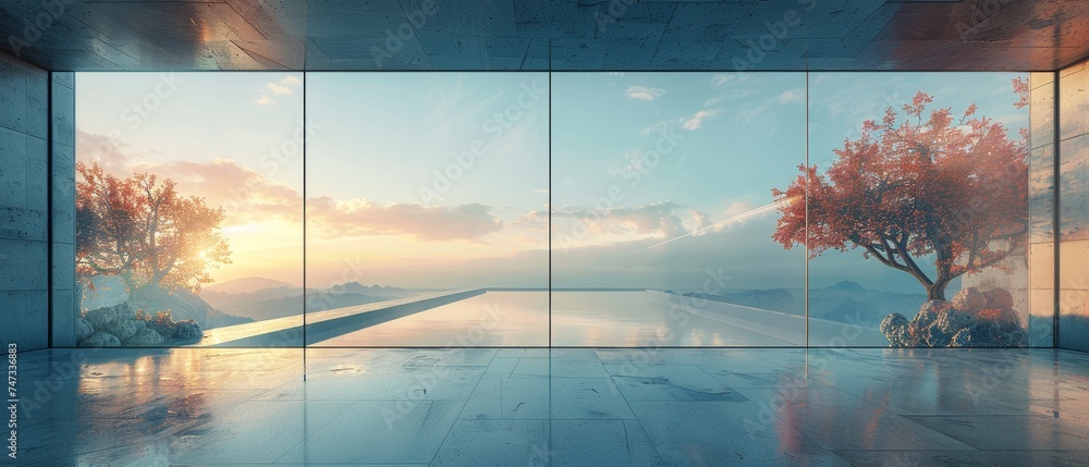 Leinwandbilder The 3D render shows an abstract futuristic glass structure with an empty concrete floor...