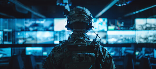 A military operator in tactical gear looks at a control room with multiple screens. Command center and strategy concept - obrazy, fototapety, plakaty