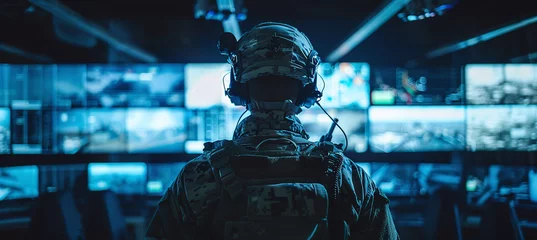 Deurstickers A military operator in tactical gear looks at a control room with multiple screens. Command center and strategy concept © Oleksandr