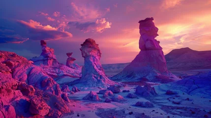 Poster An otherworldly desert landscape with a neon-colored sky and surreal, floating rock formations. © furyon
