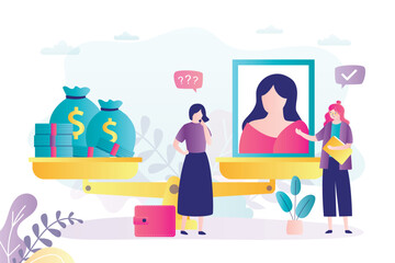 Naklejka premium On scales is an artistic masterpiece and money. Balance of supply and demand at auction. Painting lot. Professional seller, auction business. Auction house and bidding concept.