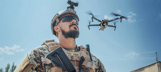 a military man in tactical gear looks up at a drone - obrazy, fototapety, plakaty