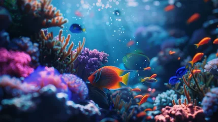 Foto op Aluminium An underwater fantasy scene with luminous, iridescent fish swimming among coral reefs, illuminated by a mystical light. © furyon