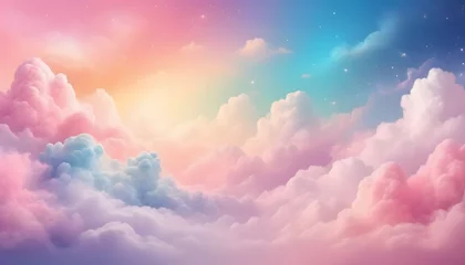 Foto op Plexiglas A pastel rainbow unicorn background including sparkling stars. A hazy, pink fantasy sky. Charming holographic area.  Fairy iridescent gradient backdrop Backgrounds © Farjana Fim