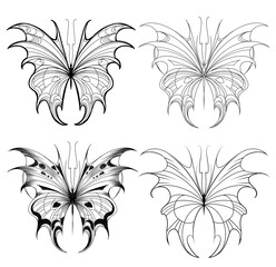 Set of elements Neo tribal tattoo butterfly shape modern acid graphic design clip art gothic flame emo goth 2000s Aesthetic style y2k wings ink black and white agressive line graphic ornamental doodle