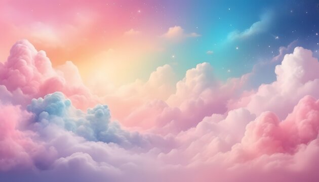 Fototapeta A pastel rainbow unicorn background including sparkling stars. A hazy, pink fantasy sky. Charming holographic area.  Fairy iridescent gradient backdrop Backgrounds