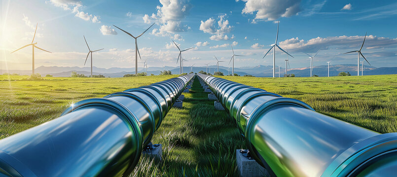 Hydrogen pipeline with wind turbines in the background. Green hydrogen production concept