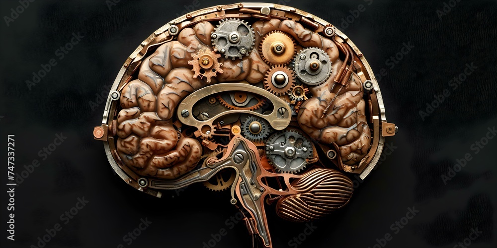 Poster abstract representation of human brain integrated with mechanical components on dark backdrop. conce