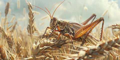a huge locust sits on a spike of wheat - obrazy, fototapety, plakaty