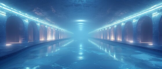 An ethereal blue glow illuminates the empty ice hockey stadium in Frozen Splendor 3D