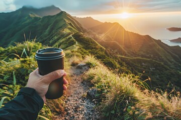 A person holding a travel mug on a hiking trail symbolizes portability and the adventures associated with coffee. - obrazy, fototapety, plakaty