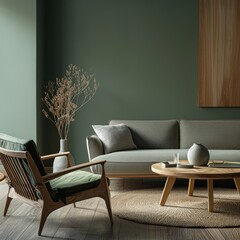 Scandinavian Living Room Interior with Wooden Coffee Table and Lounge Chair