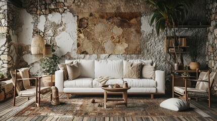 Bohemian Living: Modern Interior Design with White Sofa and Armchair Against Tiled Wall and Animal Skin Decor