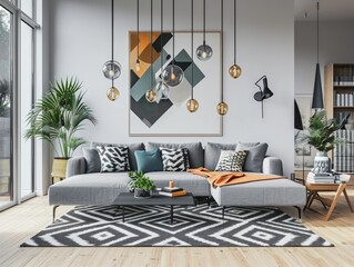 Scandinavian Inspired Living Room with Teal Sofa and Chairs Against White Wall