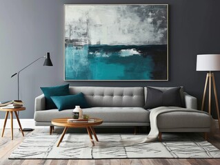 Scandinavian Minimalism: Modern Living Room Interior with Teal Accents and Abstract Art