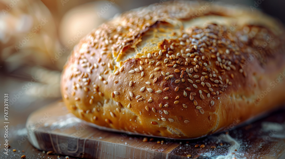 Wall mural close-up of a loaf of bread with sesame seeds.