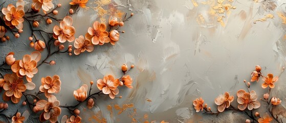 This abstract art background features flowers, branches, birds, golden brushstrokes. Oil on canvas. Modern Art. Grey, wallpaper, poster, card, mural, print, wall art.