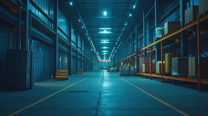 Warehouse server room with industrial architecture and ample light, featuring a corridor and glass elements