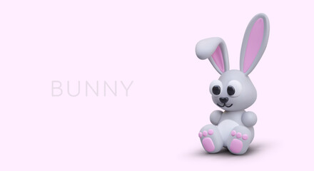 Cute 3D bunny on pink background. Funny toy with ears. Positive animal character in cartoon style