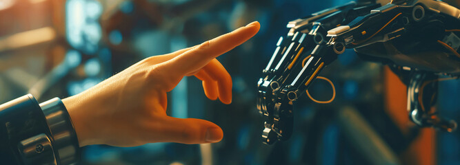 real human hand points index finger at the robot's hand.AI with human concept