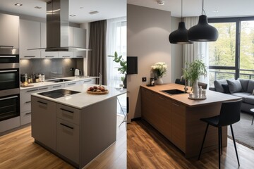 Two Pictures of a Kitchen and Living Room Generative AI