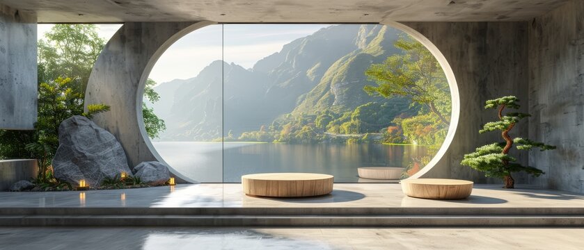 Fototapeta Render of an empty concrete room with a large circle window and a round podium for presenting products.